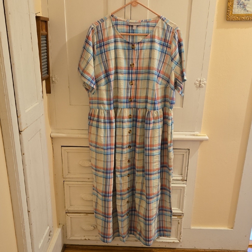 Woman Within Cream Plaid Button-Front Midi Dress